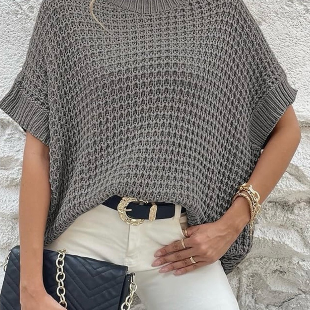 Anrabess Women's Gray Mock-neck Sweater-Boho Sweater crochet woman’s sweater M